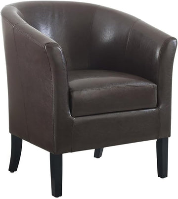 Contemporary Faux Leather Barrel Club Chair, Brown Finish, Rubberwood Frame, Upholstered Vinyl, Flared Armrests