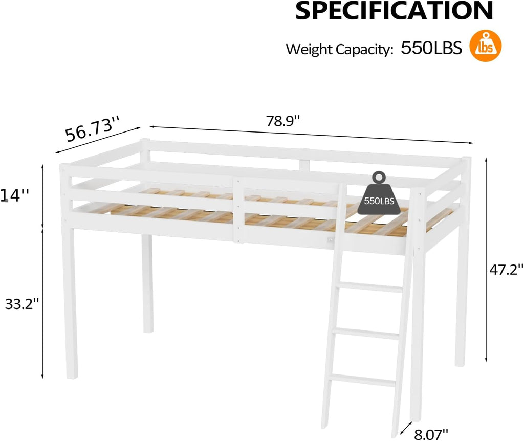 Junior Low Loft Bed with Stairs, White Wood Loft Bed Full for Adults, Kids and Young Teens