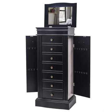 Standing Jewelry Armoire with Mirror, Large Jewelry Cabinet with 7 Drawers, 2 Side Doors with 24 Necklace Hooks