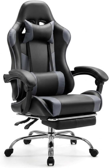 Racing E-Sports Gaming Chair - Ergonomic Grey PU Leather Computer Desk Chair with Footrest, High Back Recliner with