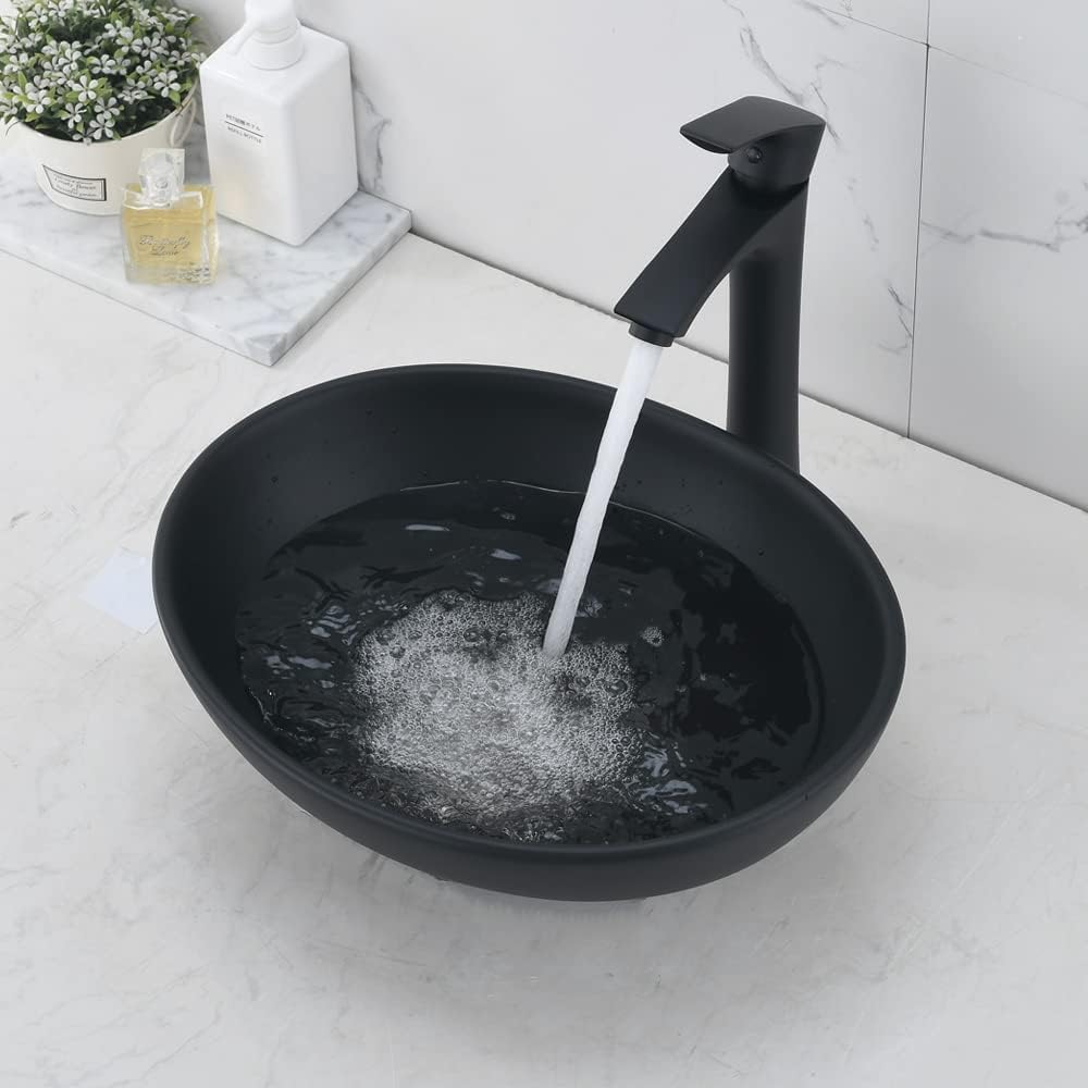 Oval Black Vessel Sink with Faucet and Drain Combo -Bokaiya 16x13 Ceramic Bathroom Sink Above Counter Vessel Oval