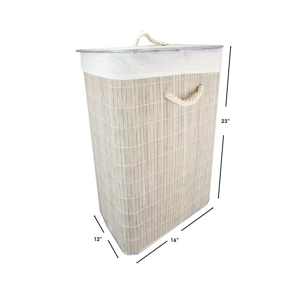 Durable Foldable Bamboo Laundry Basket Hamper | Rectangular | Removable Liner for Washing | Wire Frame | Rope Handles