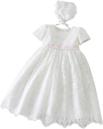 Baby Girls Embroidered Empire Waist Christening Gown Baptism Dress with Bonnet