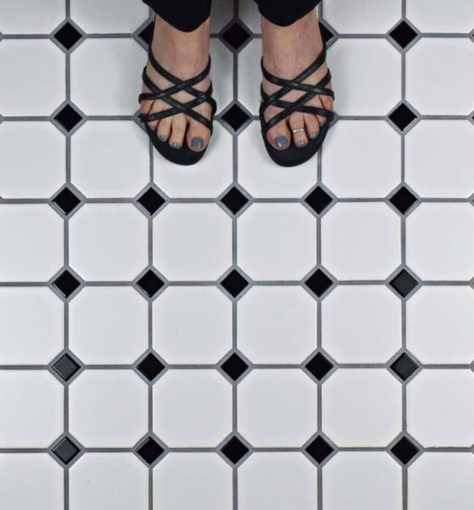 4" Octagon Tile Matte White Mosaic Porcelain Floor and Wall Tile Backsplashes, Accent Wall (Black Dots Glossy, 20