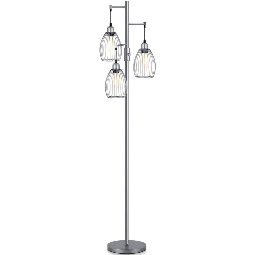 Dimmable Industrial Floor Lamps, Gray Tree Standing Tall Lamps with 3 Elegant Teardrop Cage Head & 800 Lumens LED