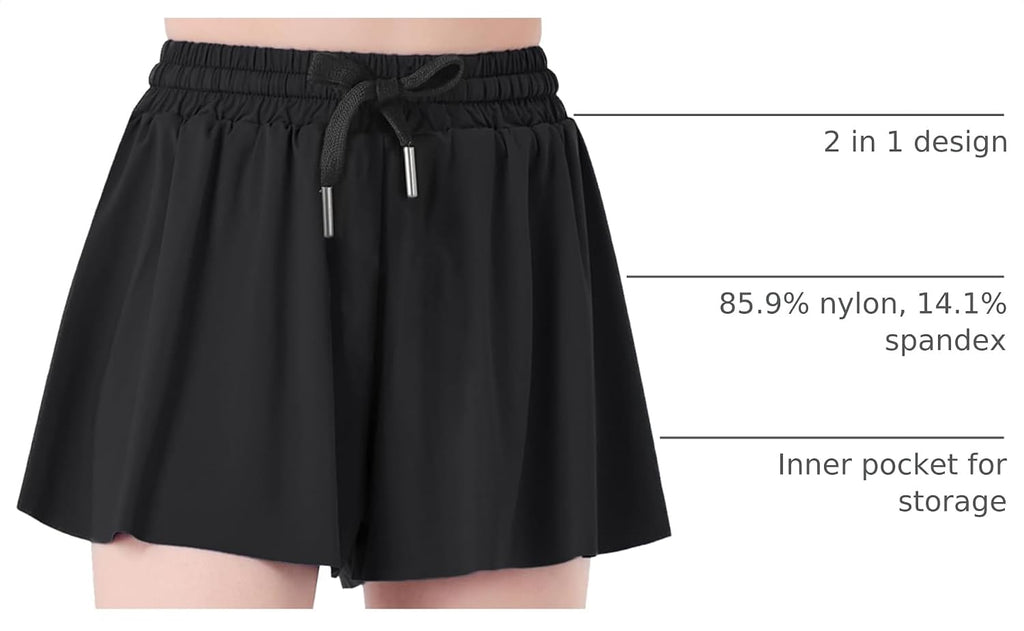 Butterfly Shorts Girls 2 in 1 Flowy Shorts with Pocket Athletic Skorts for Girls Running Tennis Skirts
