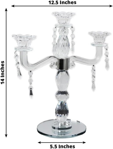 14 in Tall Clear 3 Arm Crystal Glass Candelabra Taper Candle Holder with Hanging Prisms Wedding Party Event Centerpieces