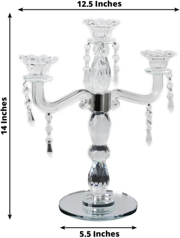 14 in Tall Clear 3 Arm Crystal Glass Candelabra Taper Candle Holder with Hanging Prisms Wedding Party Event Centerpieces