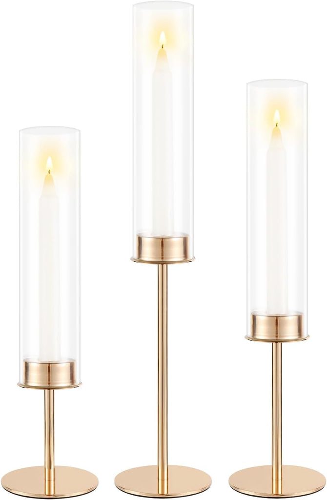 Gold Candle Holders Set of 3 for Glass Taper Candle Holders,Hurricane Candlestick Holder Decor, Wedding, Dinning
