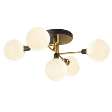 Mid Century Modern 5 Lights Milk Glass Globe Ceiling Light Black and Brass Semi Flush Mount Bathroom Sputnik Ceiling