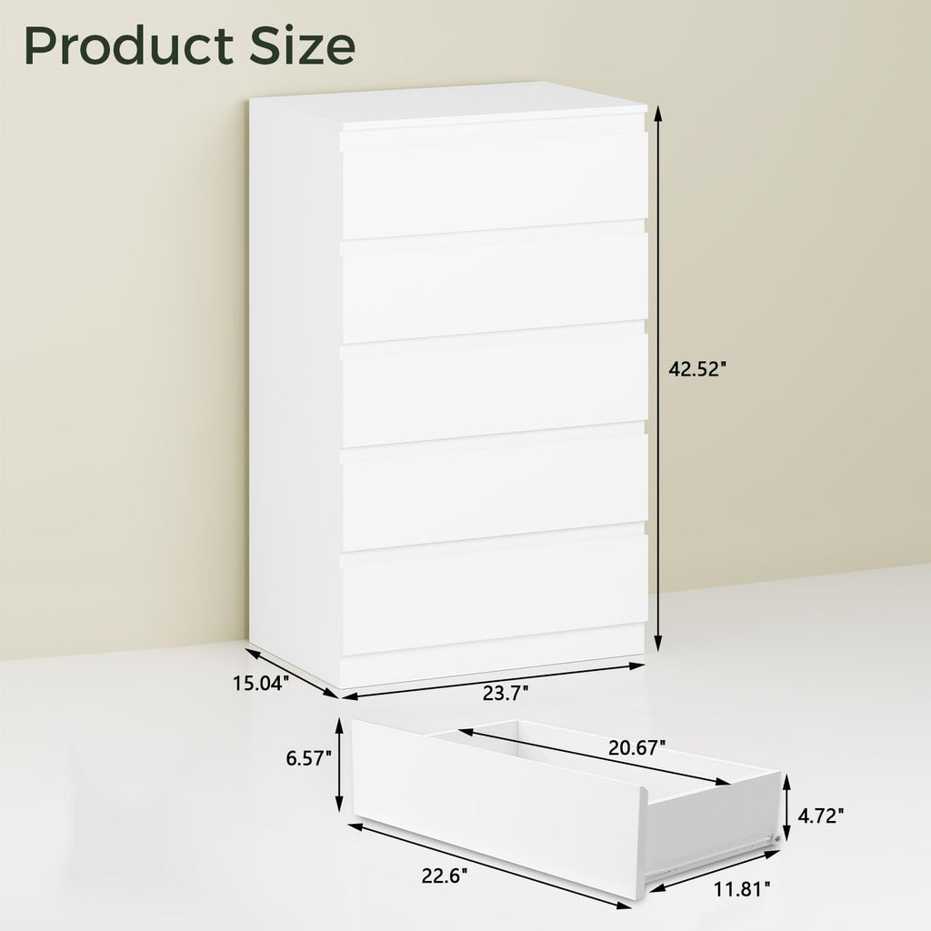 White Wood, 5 Drawer for Clothes Storage