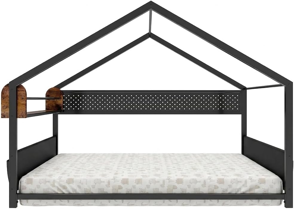 Twin Floor Bed with Storage & Roof, Metal House Bed Frame, Black