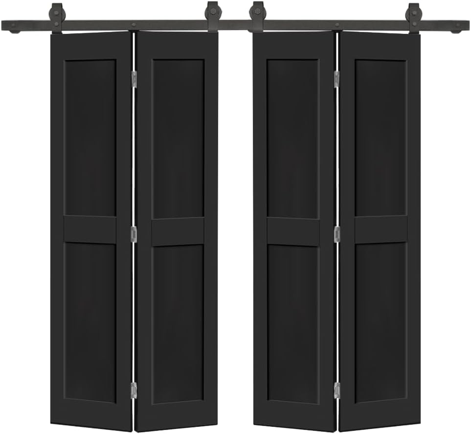 60 in. x 80 in. 2 Panel Shaker Hollow Core Black Composite Double Bi-Fold Door with Barn Door Hardwa