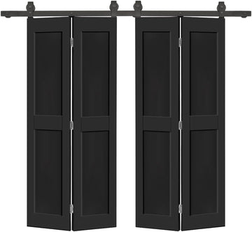 60 in. x 80 in. 2 Panel Shaker Hollow Core Black Composite Double Bi-Fold Door with Barn Door Hardwa