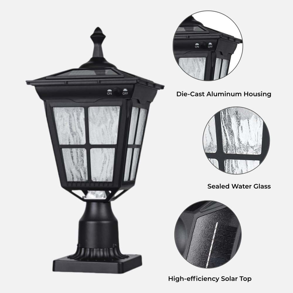 Solar Lamp Post Light, Cast Aluminium Waterproof LED with Glass Outdoor Dusk to Dawn Solar Post Light for