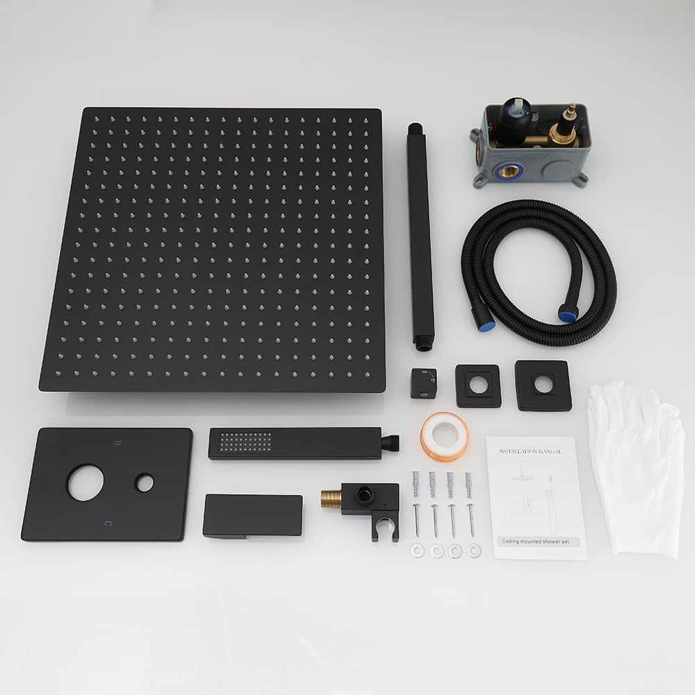 16 Inch Ceiling Mount Matte Black Shower System Bathroom Luxury Rain Mixer Shower Combo Set Ceiling Rainfall Shower