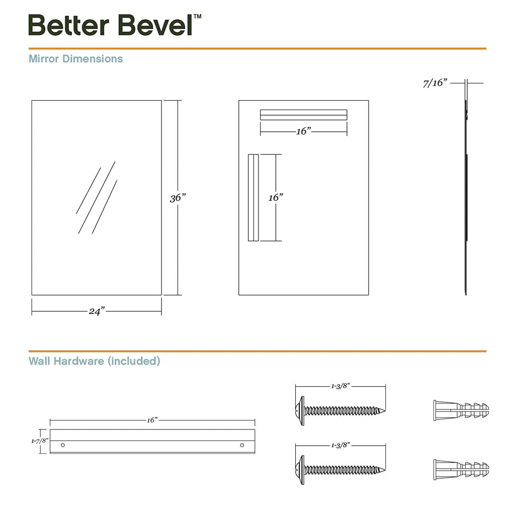Frameless Rectangle Mirror, 24" x 36" Bathroom Wall Mirror w/Pencil Polished Edge