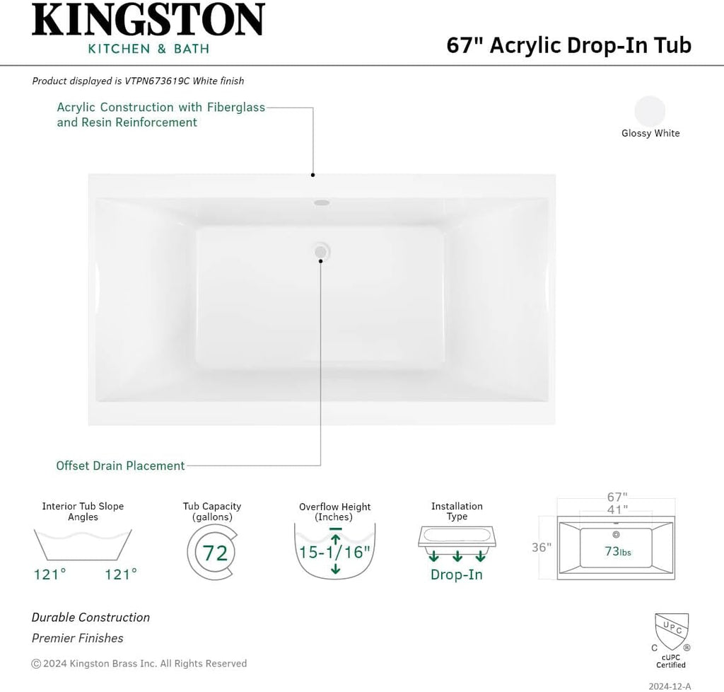 VTPN673619C 67-Inch Acrylic Drop-In Tub with Reversible Drain, Glossy White