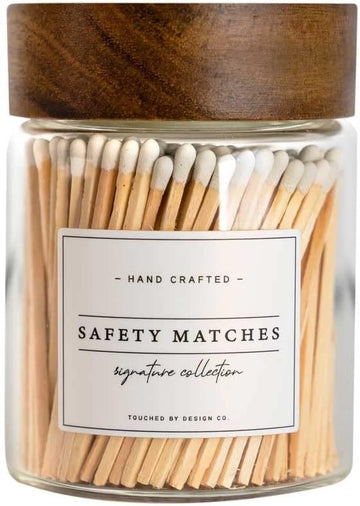 Touched By Design Co Signature Decorative Match Holder w Approx 150 White 3" Matches in a Jar | Glass Match Bottle