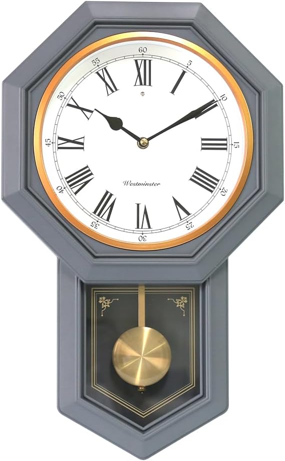 Plastic Pendulum Clock. Sturdy Gray Frame. Westminster Chime Every Hour,Elegant,Traditional Schoolhouse,Home,Office,Living Room,Bedroom.