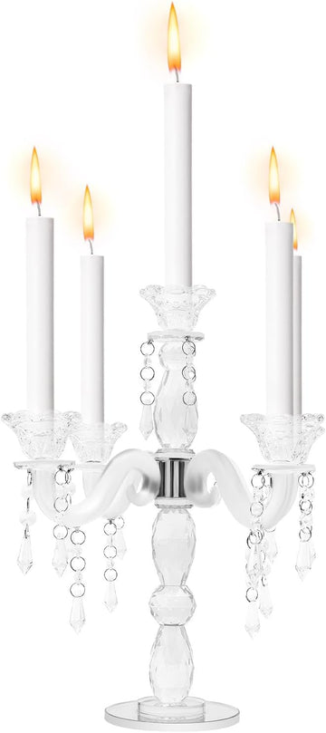 5-Candle Crystal Candelabra, 14 Inch Tall 5 Arms Candle Holder Glass, Wedding Taper Candlestick Holder