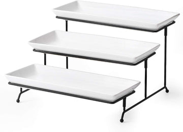 Tier Serving Stand Tiered Tray Stand with 3 Porcelain Serving Platters Trays for Dessert Server Display Collapsible - Set of 4