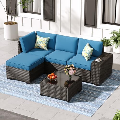 5-Piece Wicker Outdoor Patio Furniture Set | Peacock Blue All-Weather Resistant for Backyard, Garden & Porch