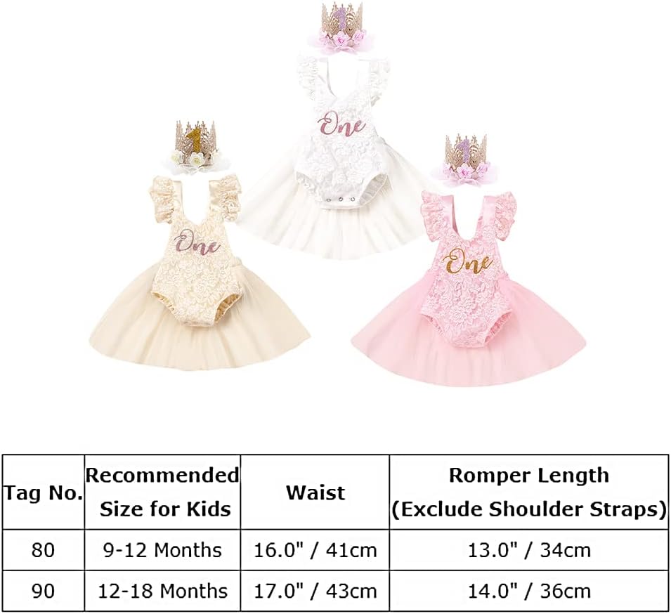 Baby Girls 1st Birthday Outfit Lace Romper Princess Tutu Dress Headband Cake Smash Clothes for Photo Shoot 2Pcs Sets