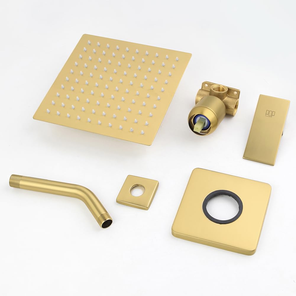 Shower Faucet Set Brushed Gold Bathroom Rainfall 8 Inch Shower Head System, Single Handle Shower Trim Kit with