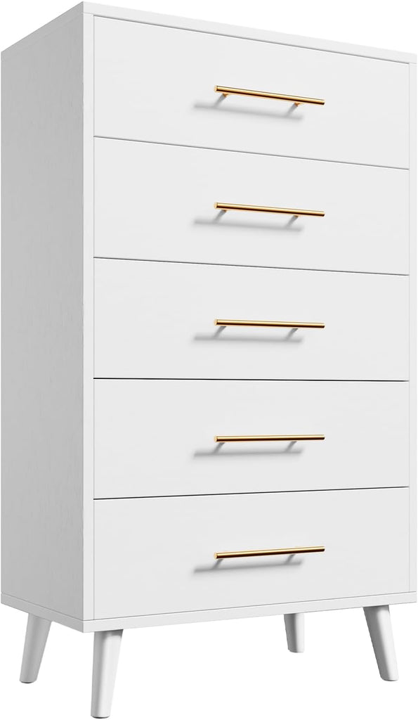 5 Drawer Dresser, Tall Dresser, White | Wood Dresser with Metal Handles for Organized Storage s, Hallways or Entryways