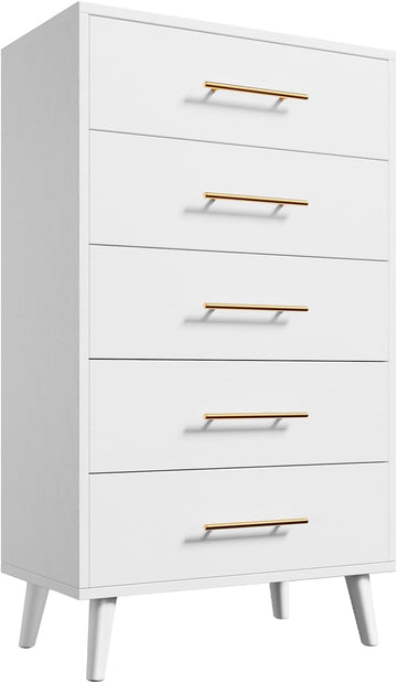 5 Drawer Dresser, Tall Dresser, White | Wood Dresser with Metal Handles for Organized Storage s, Hallways or Entryways