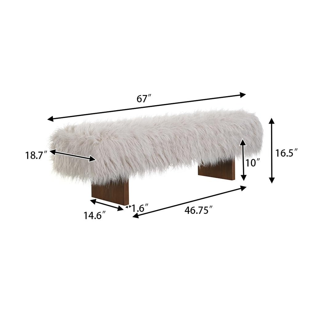 Lenka 67" Long-haired Faux Wool Bedroom Bench, Rubberwood Ottoman Bench, Spacious Seating, Long Footstool, Luxury