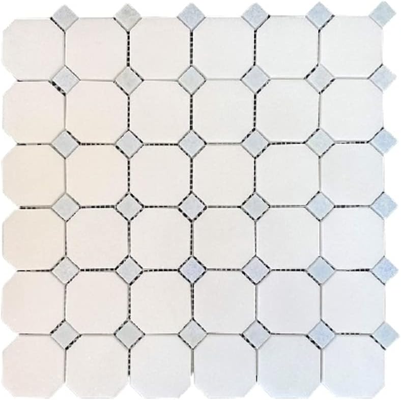 Octagon Thassos White with Sky Blue Dots Polished Marble Mosaic Floor Wall Tile (Box of 5 Sheets) Backsplash