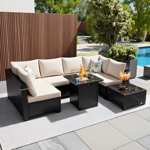 8-Piece Wicker Outdoor Patio Furniture Set - Fire Pit | Beige for Backyard, Garden & Porch
