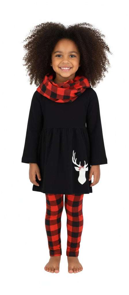 Girls 3 Piece Kids Toddler Christmas Plaid Reindeer Legging Set Outfit Long Sleeve Stretch Tunic Top Leggings and
