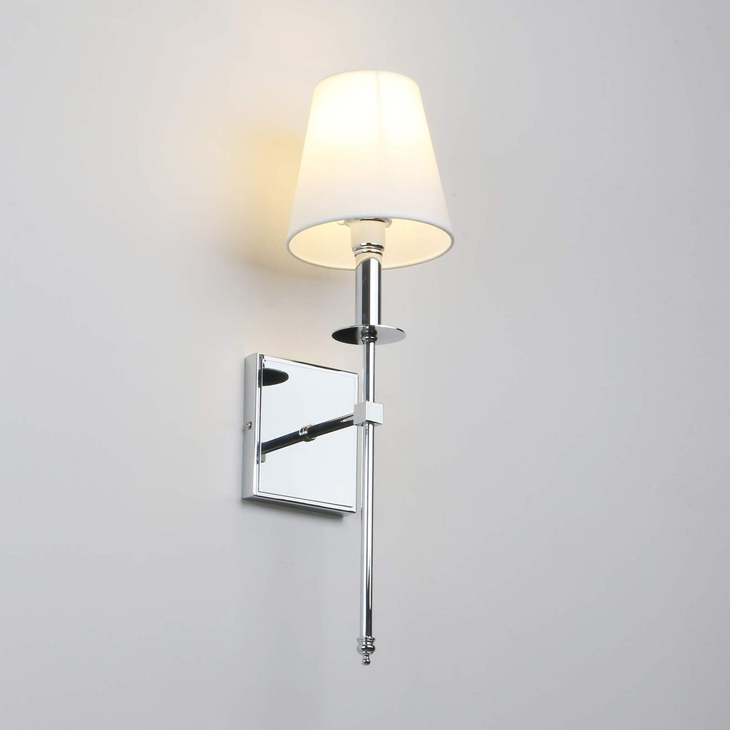 Set of 2 Classic Rustic Industrial Wall Sconce Lighting Fixture with Flared White Textile Lamp Shade and Chrome