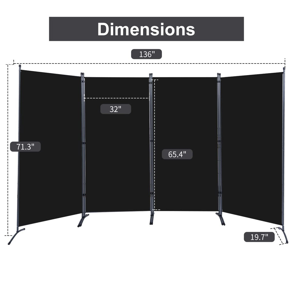 4 Panel Folding Room Divider, 136" W x 71.3" H Portable Privacy Screen, Black