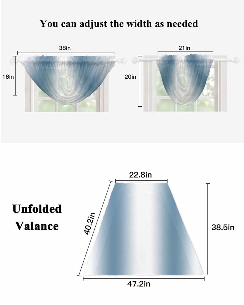 Blue Waterfall Valance Curtains Blue Ombre Sheer Swag Valances for Window, Gradient Blue and White Rod Pocket Elegant