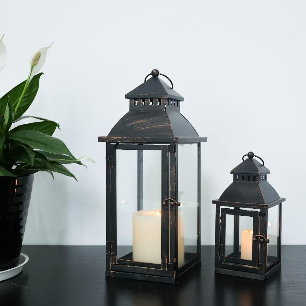 Lanterns Decorative Outdoor&Indoor, Set of 2 Large Bronze Metal Lantern Decor with Glass, Candle Holder for Porch
