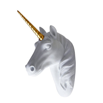 Animal Head Wall Decor White Faux Furry/Felt/Velvety Resin Unicorn Head Wall Art with Gold Horn for Wall Mount
