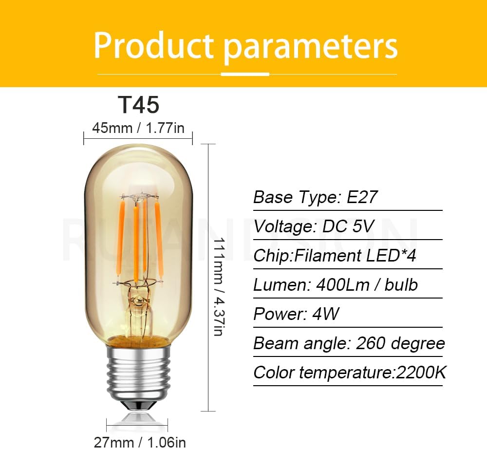 5V E27 Edison Bulb, T45 2200K Vintage Filament LED Light for Off-Grid Use, Candle Warm White Decorative Lamp