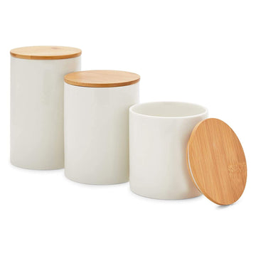 White Ceramic Canisters - Coffee Canisters with Airtight Wood Lids - Countertop Coffee Tea Sugar Container Set