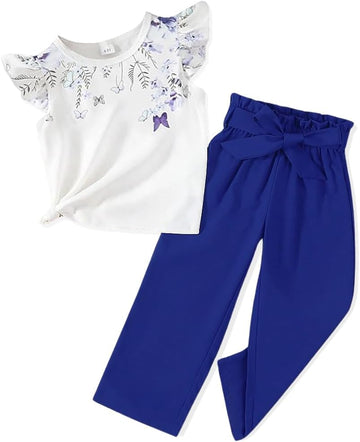 Toddler Kid Girl Clothes Casual Ruffle Sleeve Floral Printed Top Solid Pants with Belt 3PC Outfit Set