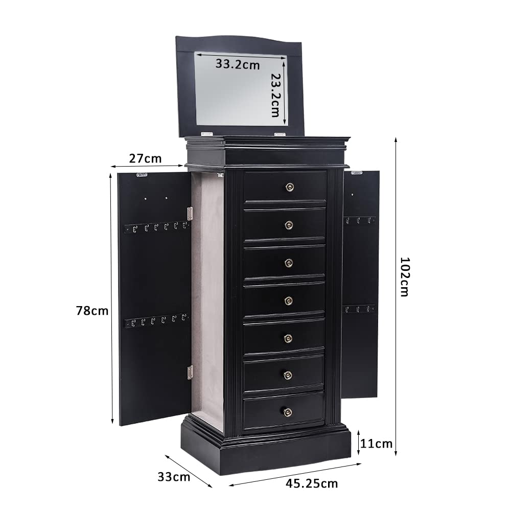 Jewelry Armoire Cabinet with Flip Top Mirror and Compartments - Large Standing Jewelry Chest - Wooden Jewelry Storage