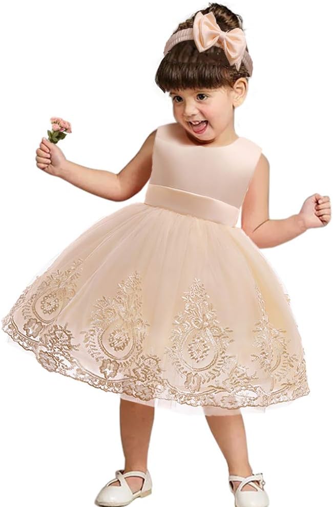 Toddler Girls Lace Bowknot Dresses Baby Embroidery Gown Dress with Headwear