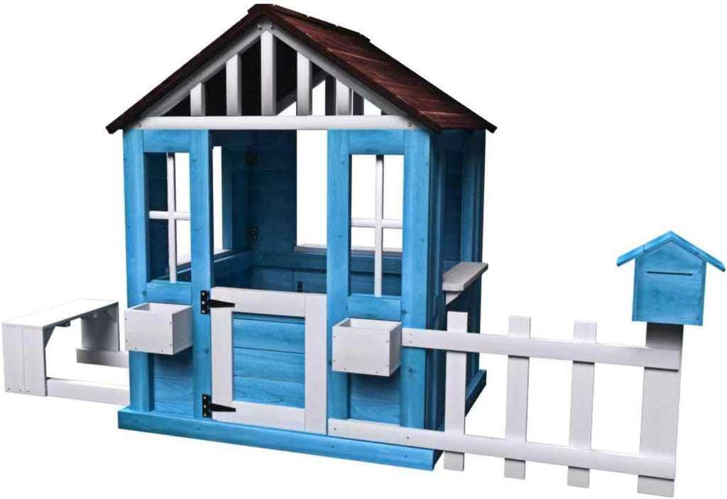 Playhouse for Kids Wooden, Play House for Kids Ages 3-8,with Play Kitchen, Half Door, Windows (Blue)