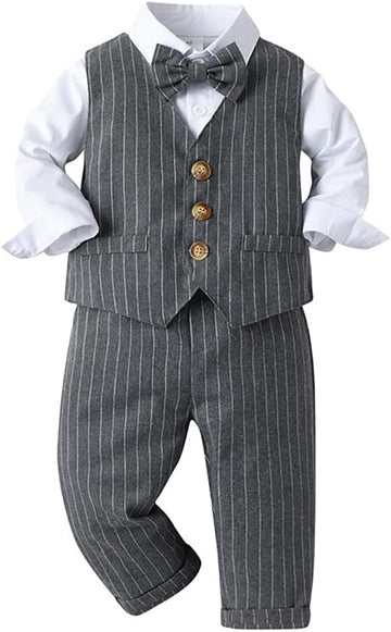 Toddler Kids Baby Boys Fall Winter Outfits Long Sleeve Shirt with Bowtie + Vest Waistcoat +Long Pants Overalls Clothes