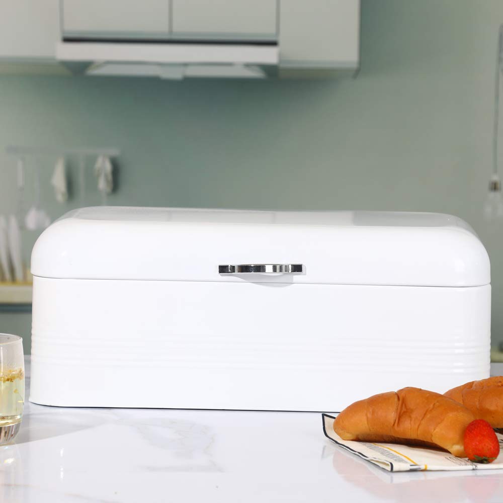 Large, Metal Bread Storage Bin with Lid, 16.3"x9"x6.7", White