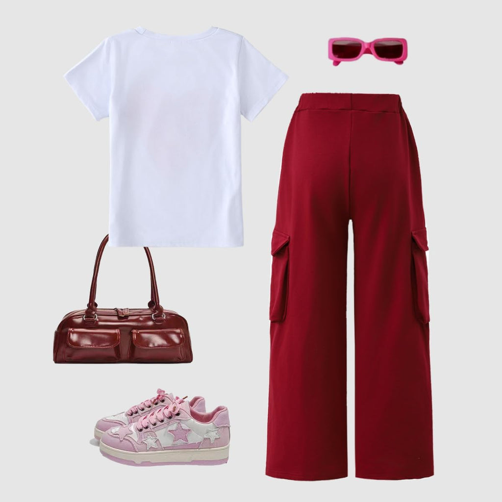 Teen Girls 2 Piece Clothes Short Sleeve Heart Graphic T-Shirt Top + Cargo Pants 2pcs Outfit Set