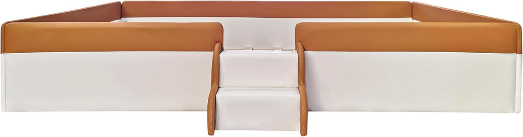 Queen Size Upholstered Kids Daybed Frame with Fence and Stairs, Wood Bed , Floor Bed, White+Brown
